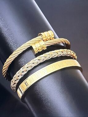 Gold-Tone Triple Bracelet Set - Twisted, Braided & Roman-Engraved Styles